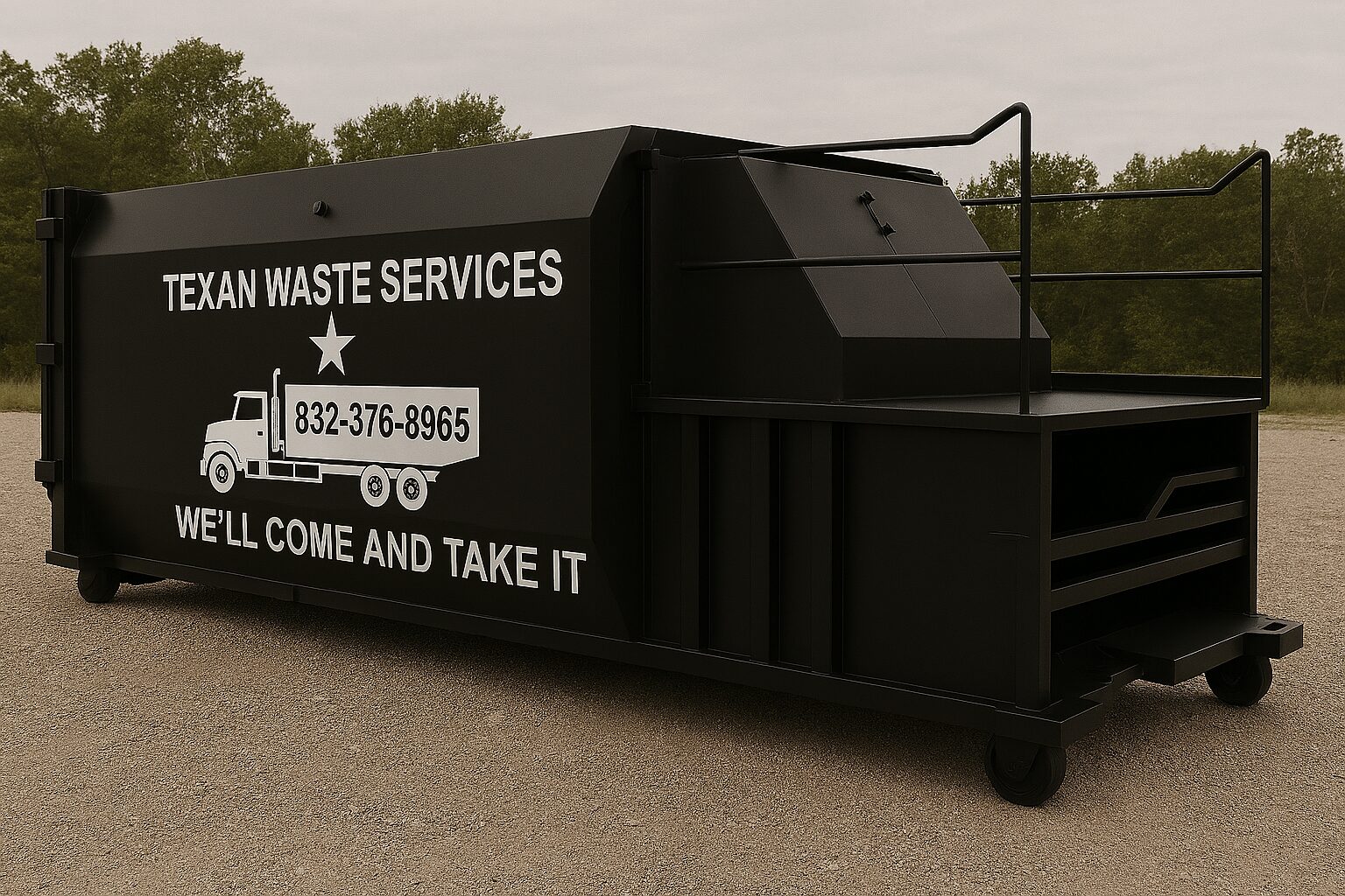 Large black dumpster with waste service company branding.