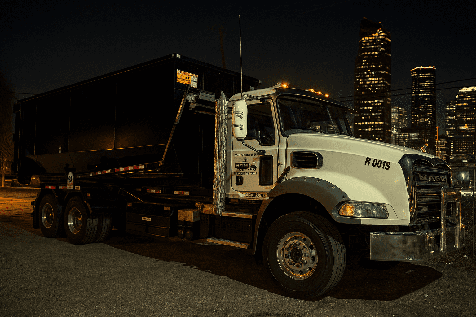 White tow truck parked at night with city lights in background.