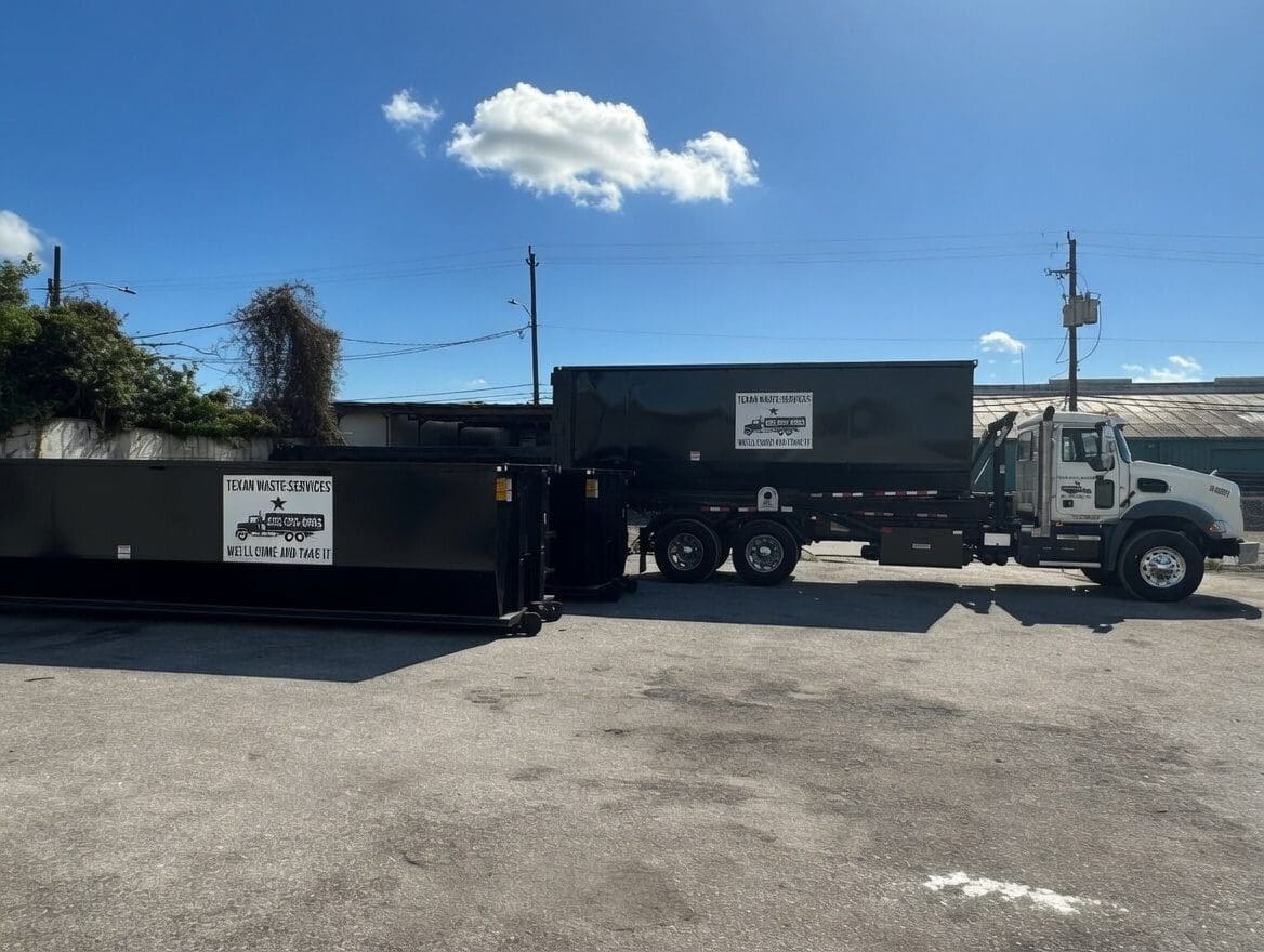 Two black dumpsters outside under a partly cloudy sky.