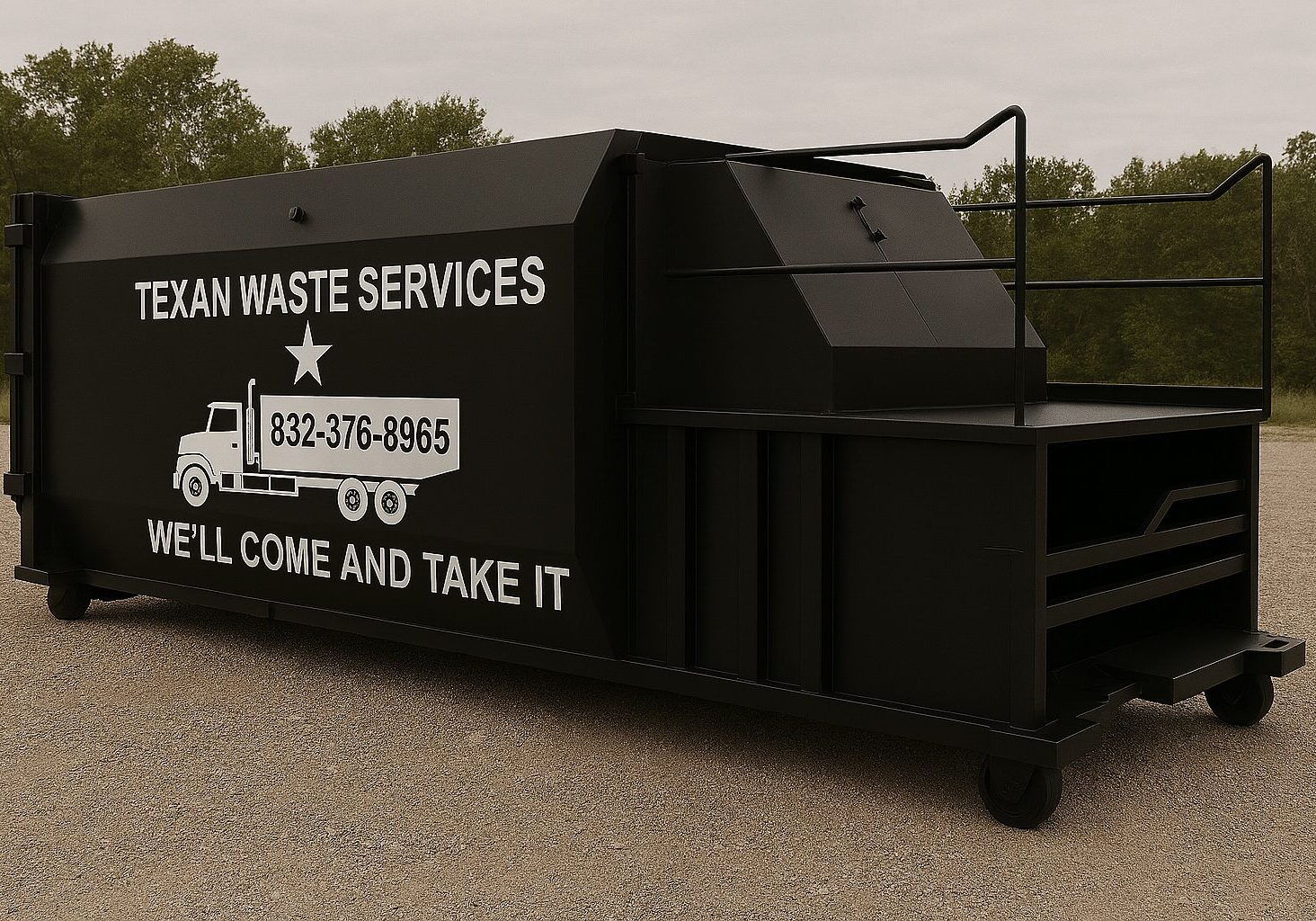 Large black dumpster with waste service contact information on the side.