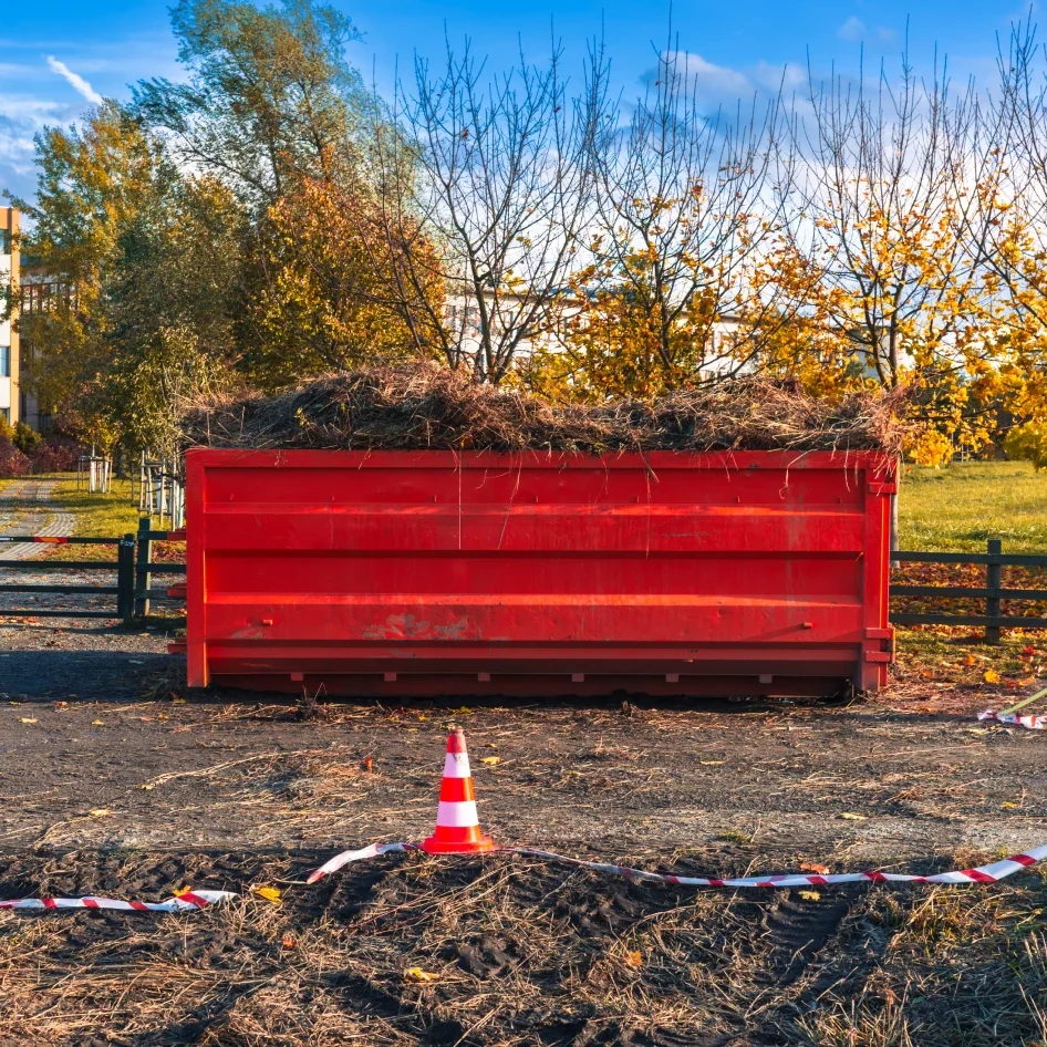 Red dumpster in autumn landscape
